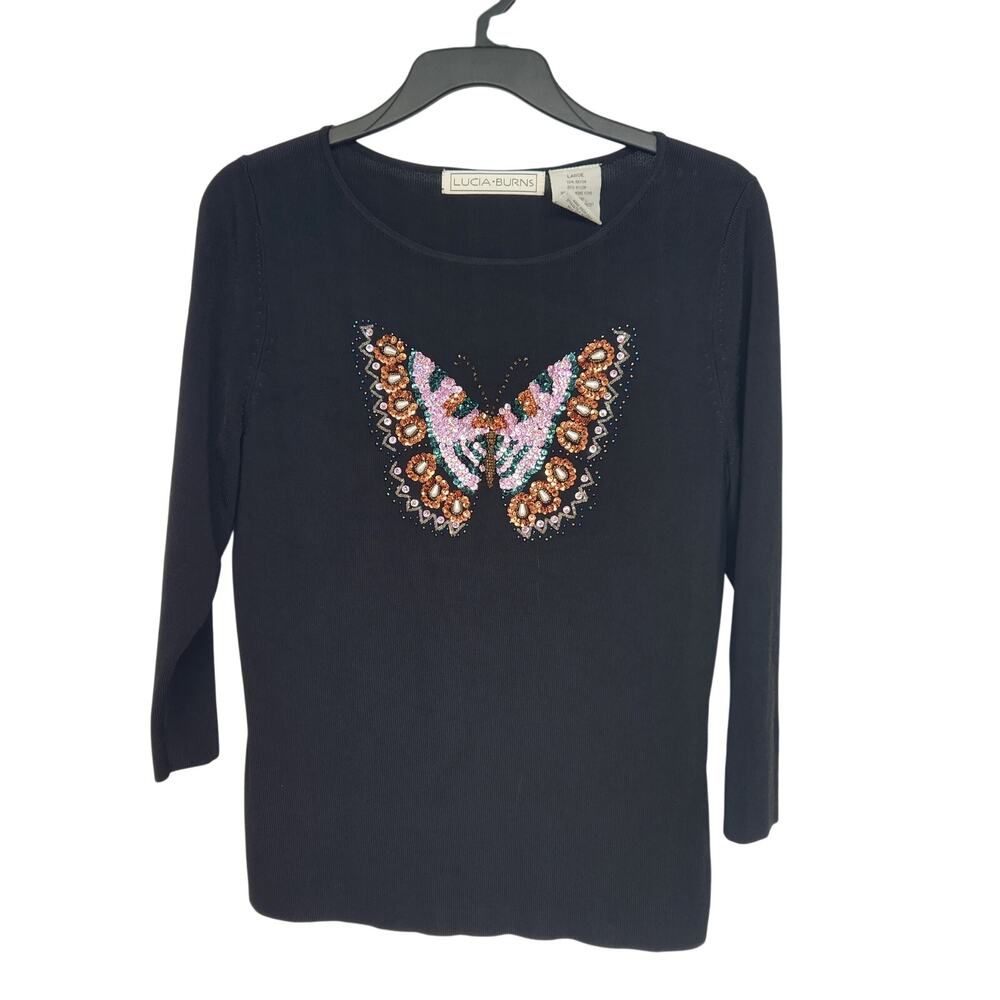 Vtg Lucia Burns Black Y2K Beaded Sequin Butterfly Knit Sweater‎ Women's L
